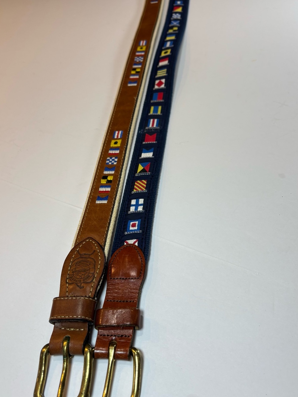 Men's Nautical Embroidered Flag Belt - Brown & Navy